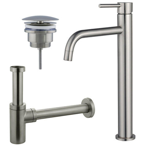 Fortifura Calvi Slim Kit mitigeur lavabo - robinet rehaussé - bonde nonobturable - siphon design - PVD Inox brossé