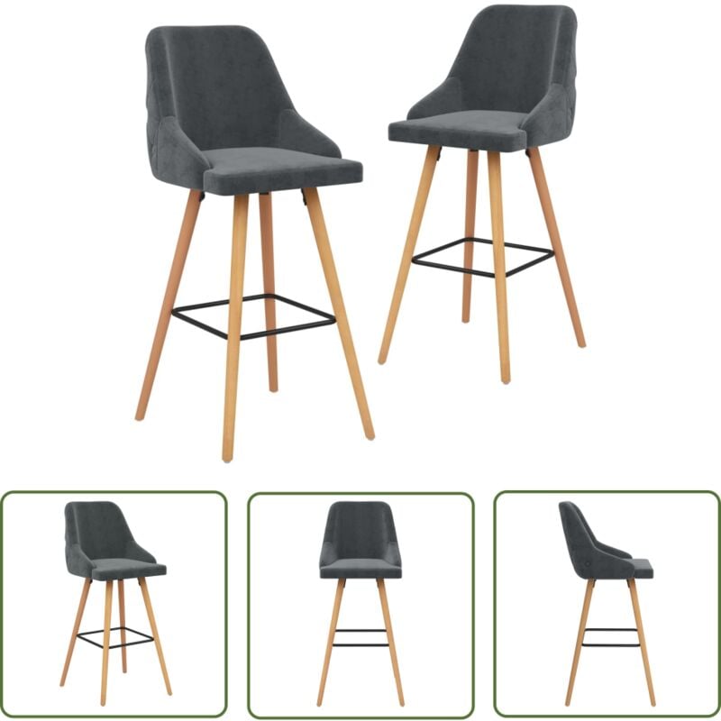 Fortuna Lai - The Living Store Chaises de bar lot de 2 gris foncé velours - Chaise De Bar - Tabouret De Comptoir - Chaise Élégante - Chaise Moderne