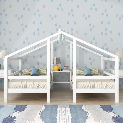 Fortuna Lai Hüttenbett,Babybett für 2 Kinder, Einzelbett, Nachttisch und Lattenrost, junges Bett 90200 mit Fallschutz, weiß