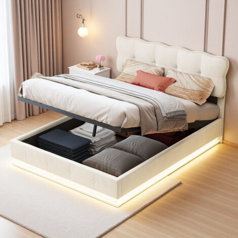 Fortuna Lai – Lit coffre adulte 140x190 cm – Sommier à lattes – Velours beige – Éclairage LED intégré – Structure métal – Grand espace de rangement