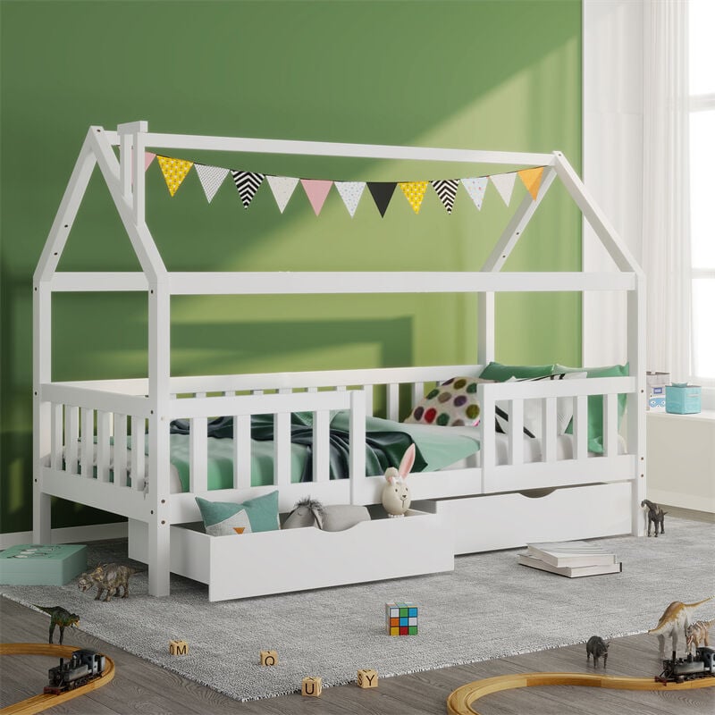 Lit Cabane Enfant 90 x 200 cm avec 2 tiroirs Cadre de lit en pin massif avec sommier à lattes et toit Blanc