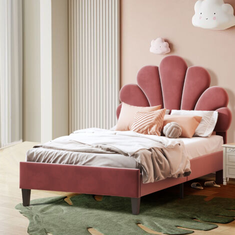 Fortuna Lai – Lit enfant 90x200 cm rembourré – Tête de lit fleurie en velours – Sommier à lattes – Capacité 200 kg – Assemblage facile
