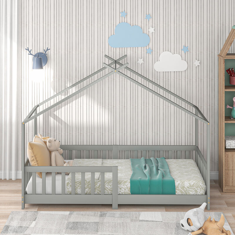 Lit cabane enfant 90 x 200 cm - cadre de lit en pin massif, avec sommier à lattes et toit, avec protection contre les chutes - Gris