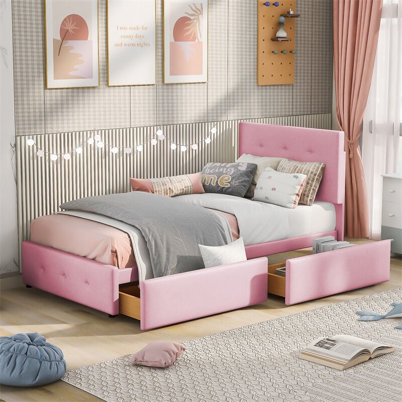 Lit capitonne 90 x 200 cm - avec 2 tiroirs, sommier à lattes et tête de lit relevable, tissu velours, style scandinave - Rose