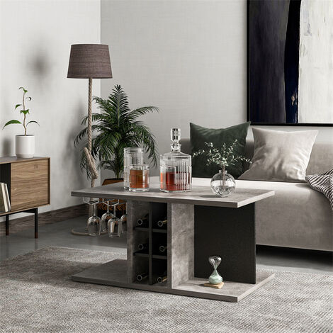 Fortuna Lai Table basse avec casier à vin, table de salon avec porte-gobelet en métal, étagère amovible, dessus de 2,5 cm d'épaisseur, gris pour salon, bureau (95 x 55 x 45 cm)
