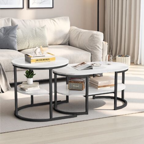 Fortuna Lai – Tables basses gigognes lot de 2 – Plateau imitation marbre – Structure métal – 52x52x51cm et 80x46x41cm – Style scandinave noir