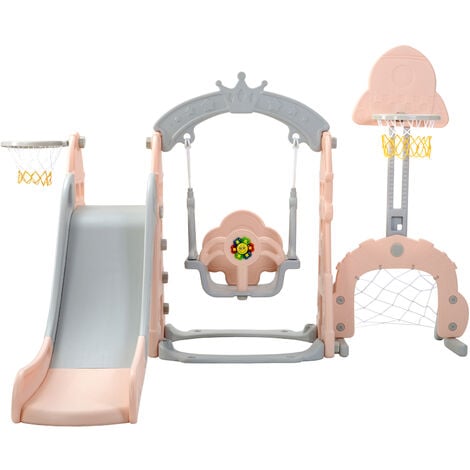Fortuna Lai Toboggan pour enfants, toboggan multifonctionnel 5 en 1 pour tout-petits avec panier de basket, but de football, balançoire, tour d'escalade, pour enfants de 2 à 8 ans, rose