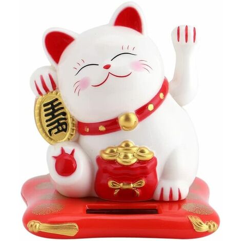 Fortune Chanceux Richesse Chat Accueillant Chat Mignon à Énergie Solaire avec Bras Agitant Affichage de la Maison Décoration de Voiture Maneki Neko (Blanc)