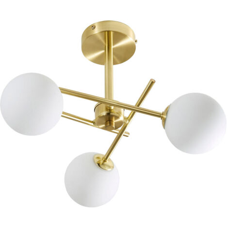 Forum Spa Lindos Satin Brass/Opal 390mm 3 Lamp Cross Arm Semi-Flush Ceiling Light - SPA-35836-SBRS