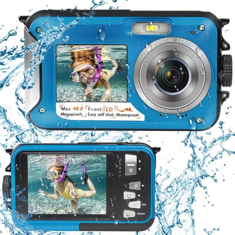 Image of Fotocamera digitale impermeabile Full HD 2.7K 48MP Fotocamera subacquea per snorkeling Fotocamera subacquea a doppio schermo con autoscatto e zoom
