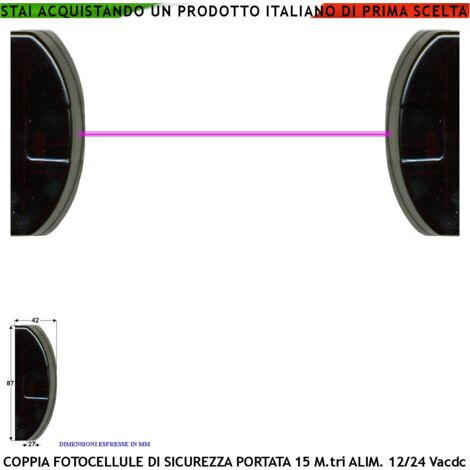 Fotocellule Un TX e Un RX Sicurezza e Controllo Cancello Elettrico Automatico Portata 15 Metri Lineari Montaggio a Parete o Palina Controllare Dimensioni in Foto e Manuale Alimentazione 12/24 Vac