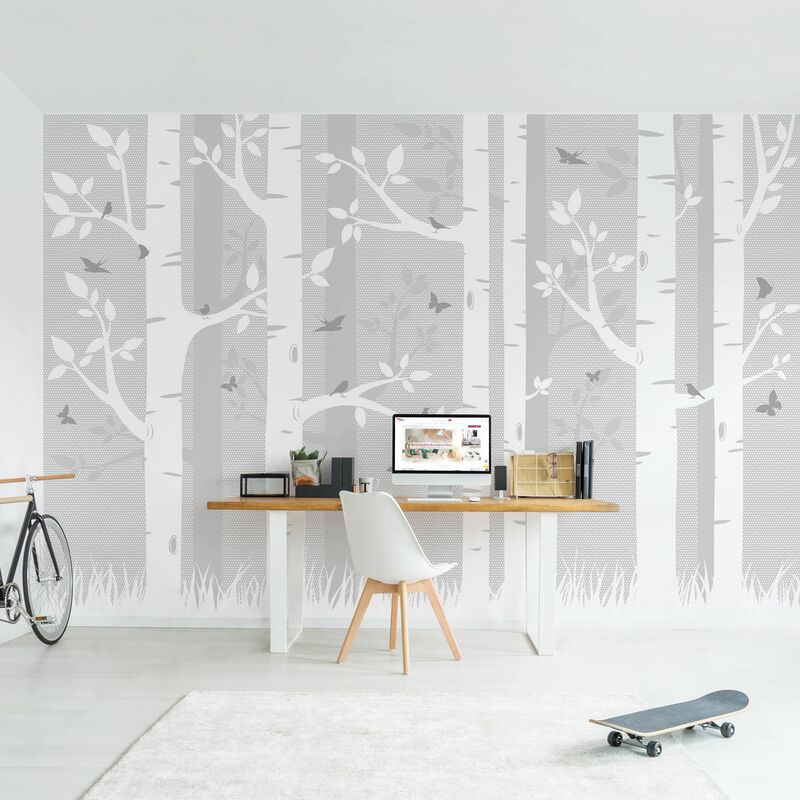 

Fotomural - Birch Forest With Butterflies And Birds - Mural apaisado Dimensión LxA: 255cm x 384cm