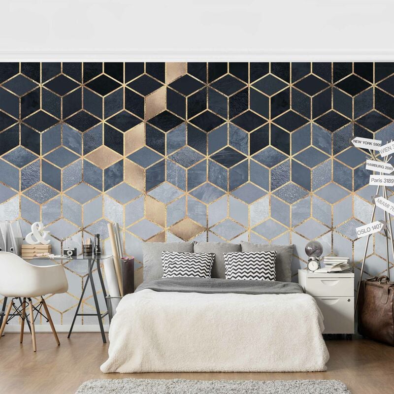 

Fotomural - Blue White Golden Geometry - Mural apaisado Dimensión LxA: 190cm x 288cm