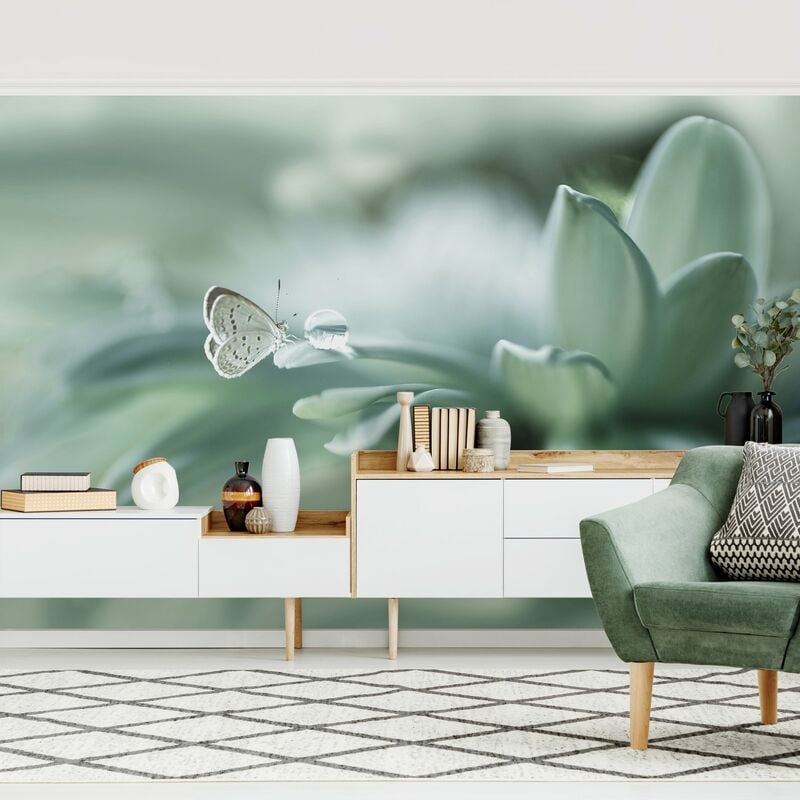 

Fotomural - Butterfly And Dew Drops In Pastel Green - Mural apaisado Dimensión LxA: 320cm x 480cm