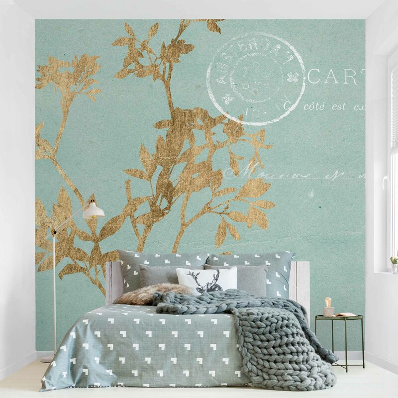 

Fotomural - Golden Leaves On Turquoise I - Mural cuadrado Dimensión LxA: 192cm x 192cm