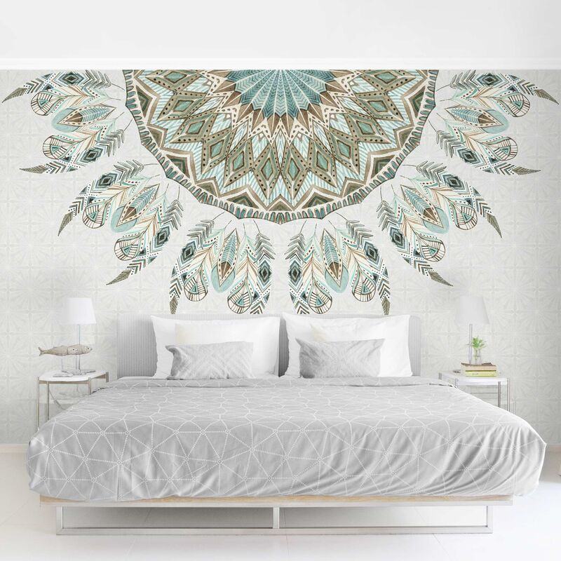 

Fotomural - Mandala Watercolor Feathers Semicircular Green Blue - Mural apaisado Dimensión LxA: 190cm x 288cm