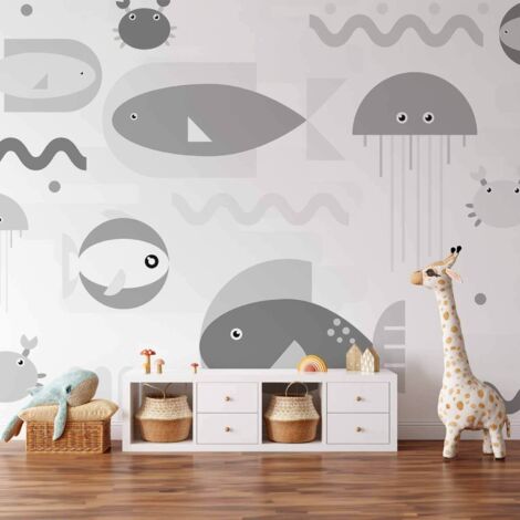 Fotomural - Océano gris minimalista - Peces geométricos en el agua para niños