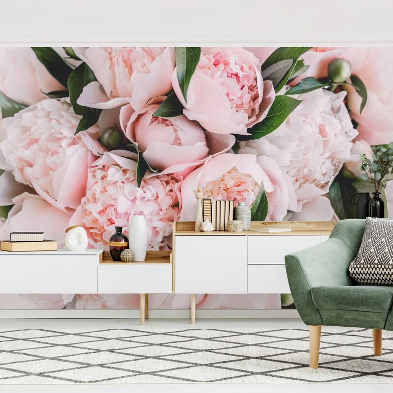 

Fotomural - Pink Peonies With Leaves - Mural apaisado Dimensión LxA: 190cm x 288cm