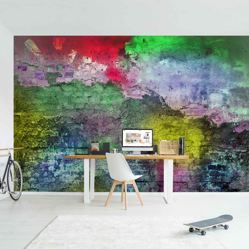 

Fotomural Premium - Colorful Sprayed Old Wall Of Brick - Mural apaisado Dimensión LxA: 255cm x 384cm Material: Premium