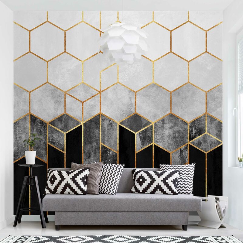 

Fotomural Premium - Golden Hexagons Black And White - Mural cuadrado Dimensión LxA: 240cm x 240cm Material: Premium