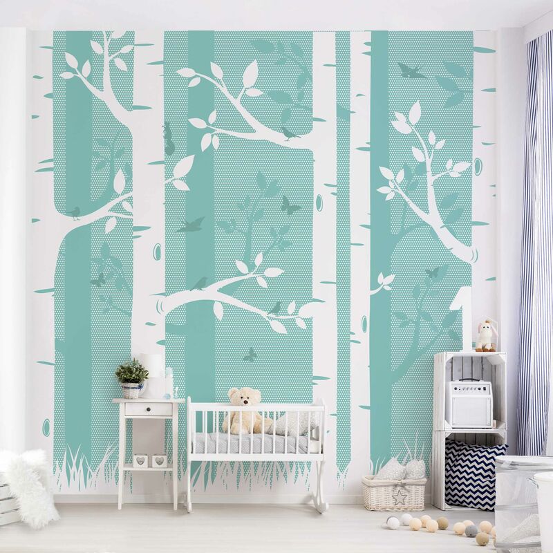 

Fotomural Premium - Green Birch Forest With Butterflies And Birds - Mural cuadrado Dimensión LxA: 240cm x 240cm Material: Premium