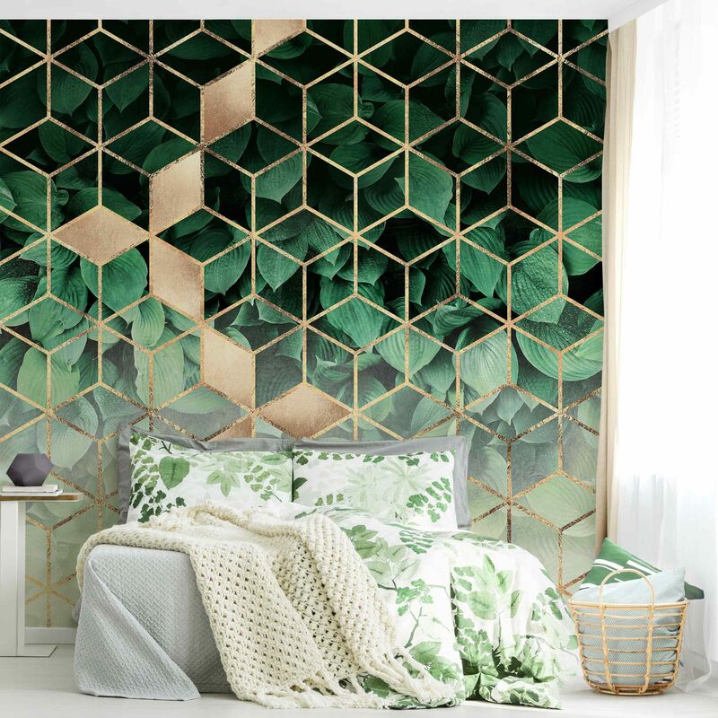 

Fotomural Premium - Green Leaves Golden Geometry - Mural cuadrado Dimensión LxA: 288cm x 288cm