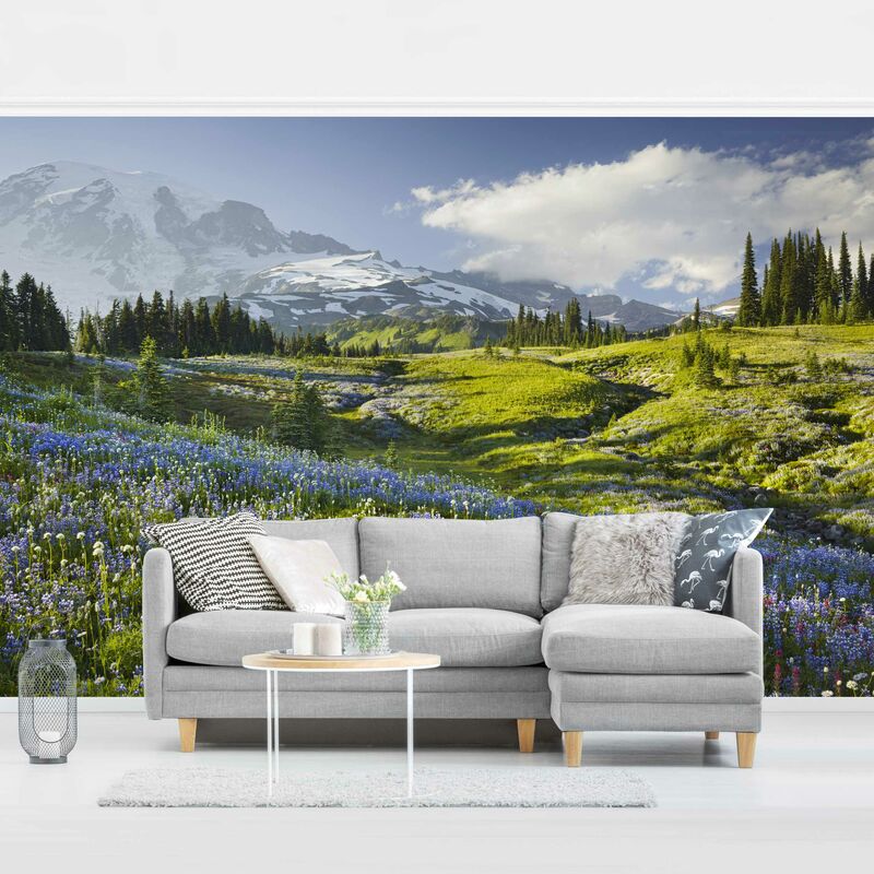 

Fotomural Premium - Mountain Meadow With Flowers In Front Of Mt. Rainier - Mural apaisado Dimensión LxA: 320cm x 480cm Material: Premium