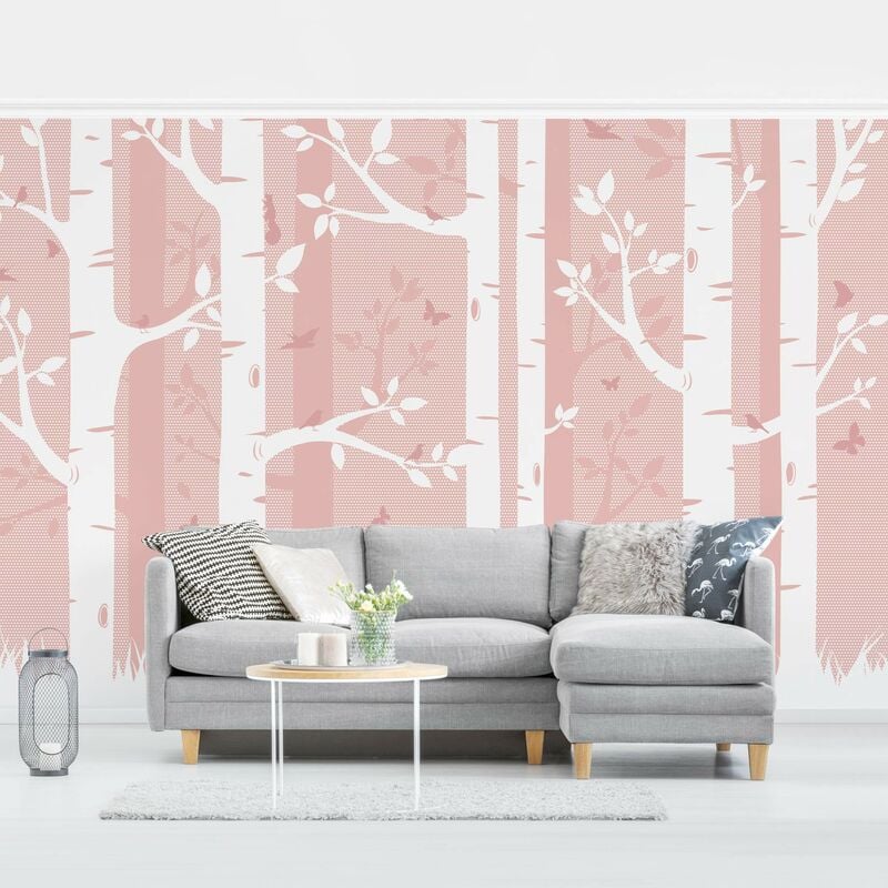 

Fotomural Premium - Pink Birch Forest With Butterflies And Birds - Mural apaisado Dimensión LxA: 320cm x 480cm Material: Premium