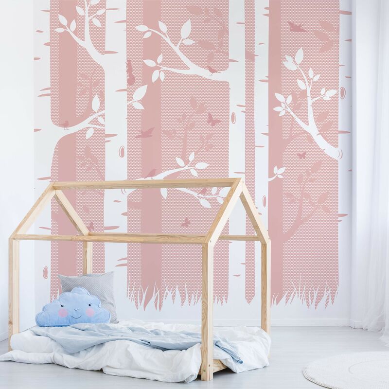 

Fotomural Premium - Pink Birch Forest With Butterflies And Birds - Mural cuadrado Dimensión LxA: 240cm x 240cm Material: Premium