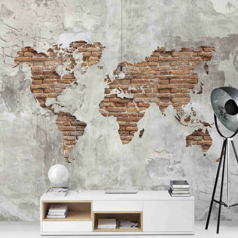 

Fotomural Premium - Shabby Concrete Brick World Map - Mural cuadrado Dimensión LxA: 336cm x 336cm Material: Premium