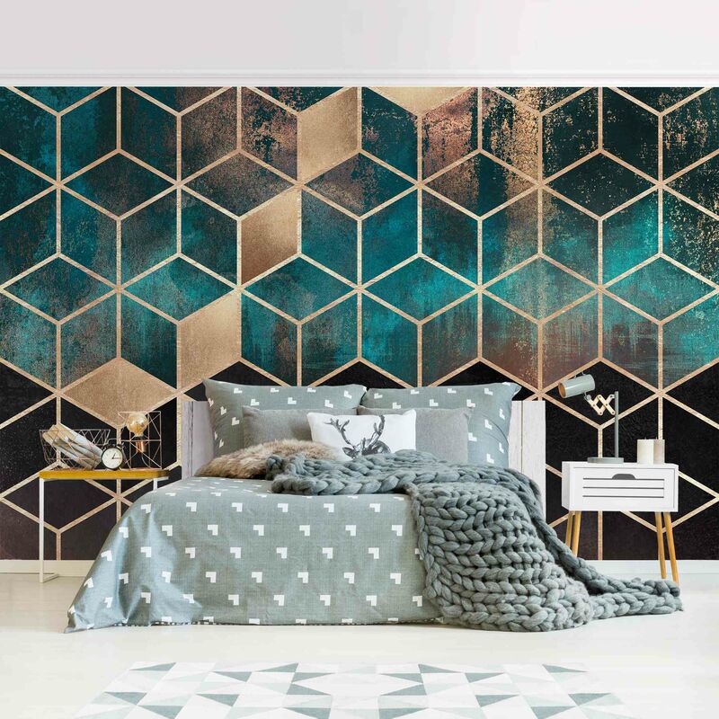 

Fotomural Premium - Turquoise Rose Golden Geometry - Mural apaisado Dimensión LxA: 290cm x 432cm Material: Premium