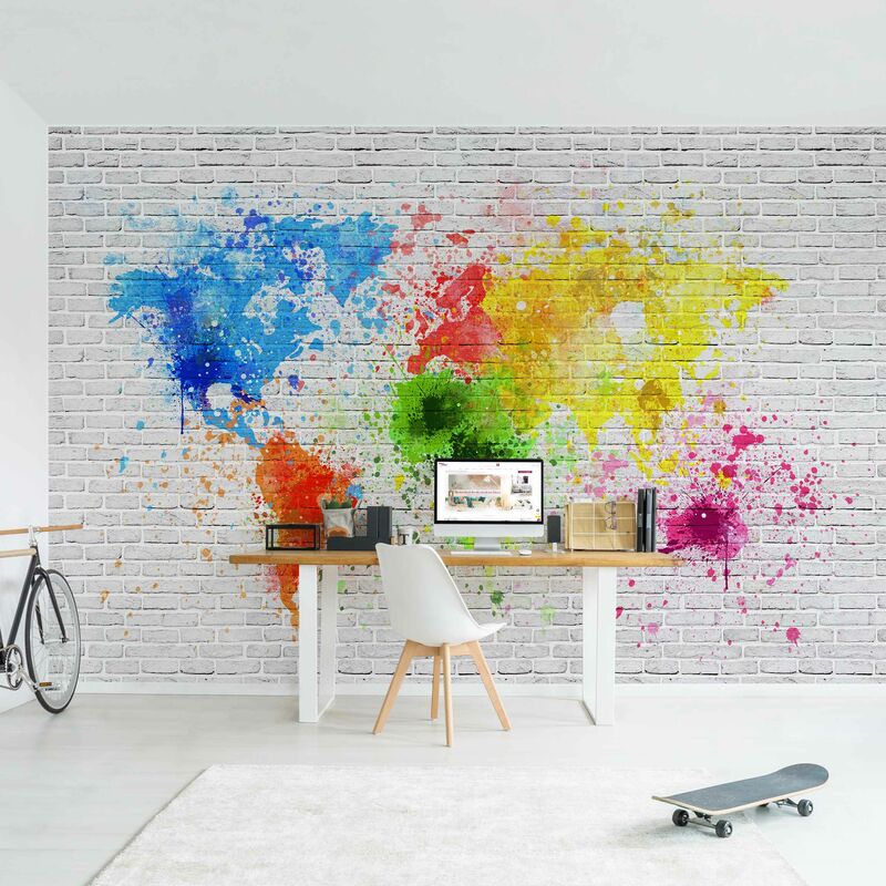 

Fotomural Premium - White Brick Wall World Map - Mural apaisado Dimensión LxA: 290cm x 432cm