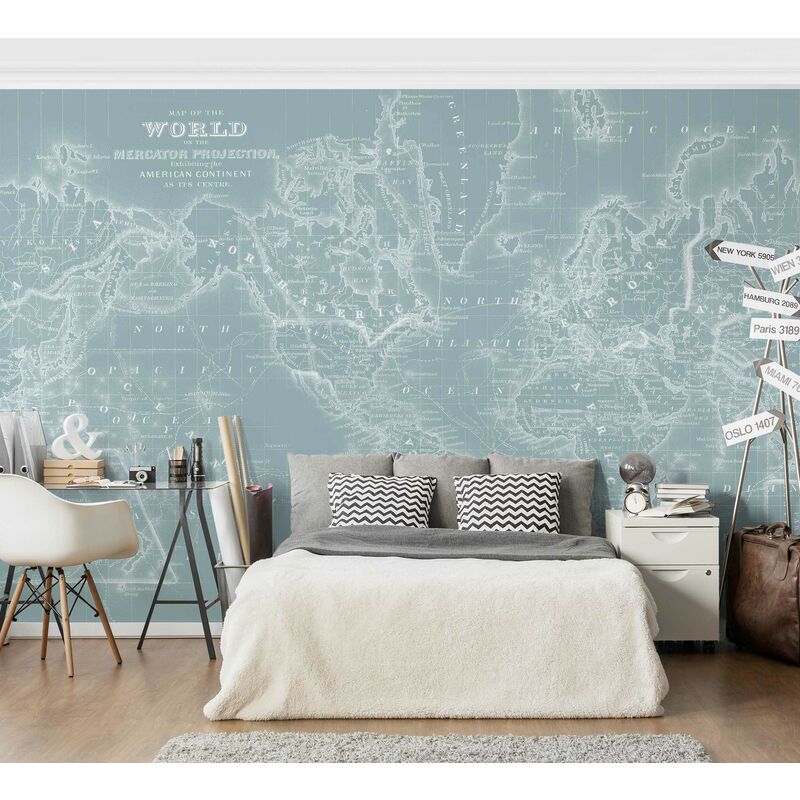 

Fotomural Premium - World Map In Ice Blue - Mural apaisado Dimensión LxA: 225cm x 336cm Material: Premium