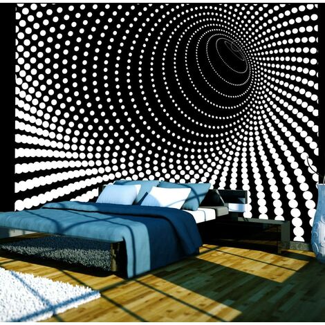 Bedroom mural in black and white optical illusion tunnel