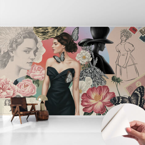 Fotomurale adesivo - murale da parete - Carta da parati autoadesiva - design parete moderno - Fiori e ritratti 416x254 cm