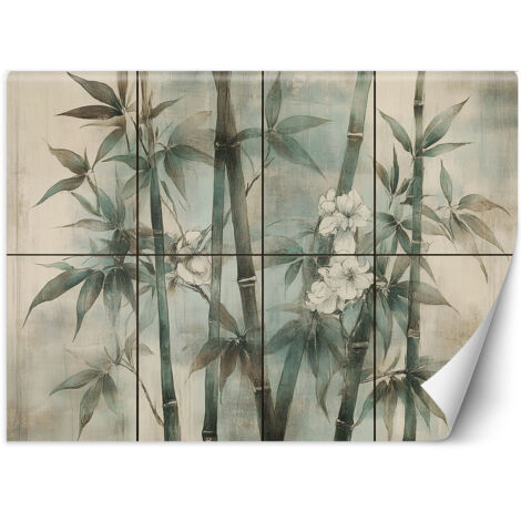 Fototapete Bambussprossen mit Blumen auf einem strukturierten Hintergrund 100x70 cm