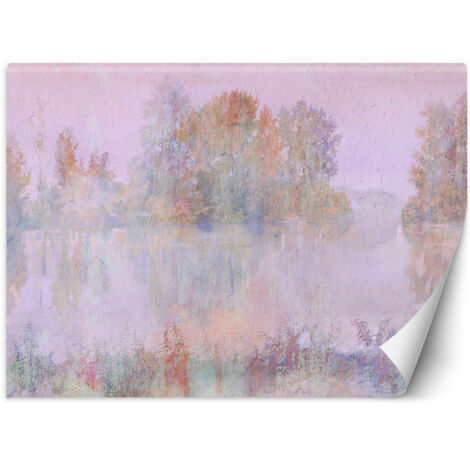 Fototapete Baum See im Nebel Aquarell Rosa 200x140 cm
