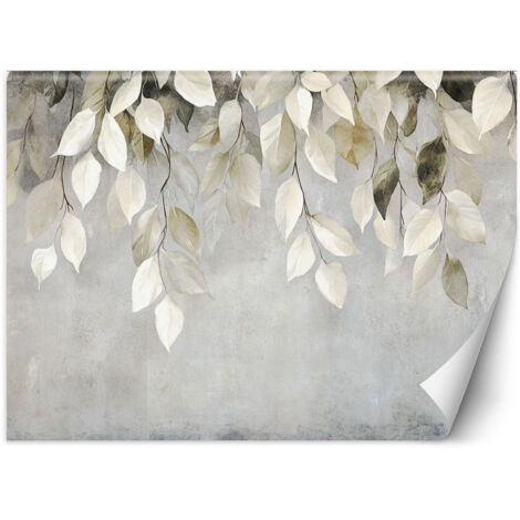 Fototapete Beige hängende Blätter Zweige Beton Boho 300x210 cm