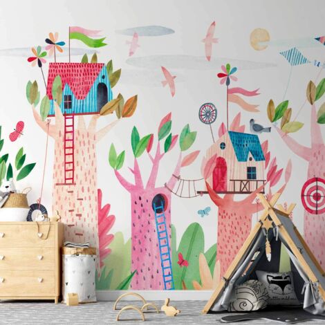 Fototapete – Bemalte Baumhäuser – farbenfrohe Fantasie mit Drachen für Kinder