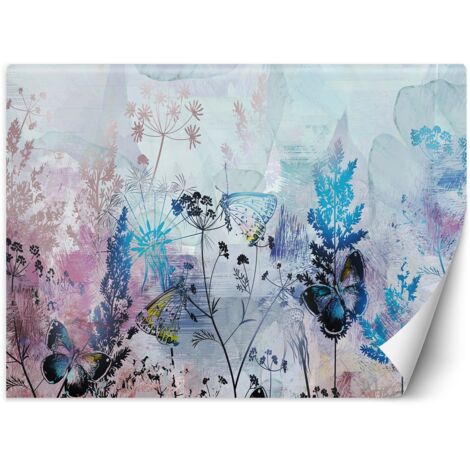 Fototapete Blätter Blumen Schmetterlinge Blau Rosa 100x70 cm