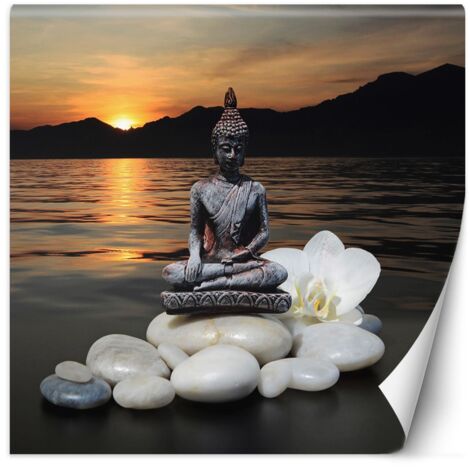 Fototapete Buddha-Figur auf den Steinen bei Sonnenuntergang 100x100 cm