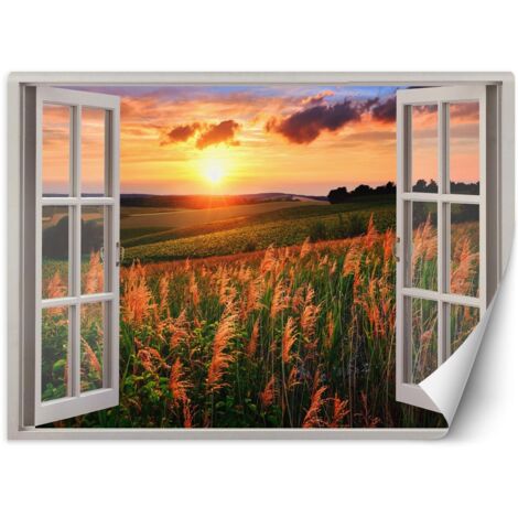 Fototapete, Fenster mit Blick auf die Wiese bei Sonnenuntergang – 140x100