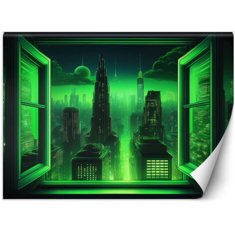 Fototapete Fensterblick Futuristische Stadt 100x70 cm