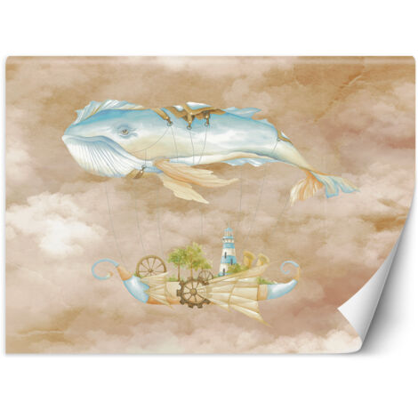 Fototapete Fliegender Wal und Schiff Blau Beige 100x70 cm