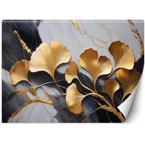 Fototapete Ginko Botanicals Blumen Marmor Grau Gold 100x70 cm