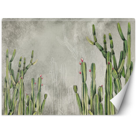 Fototapete Grün Kaktus Blumen Betonoptik  Grau 450x315 cm