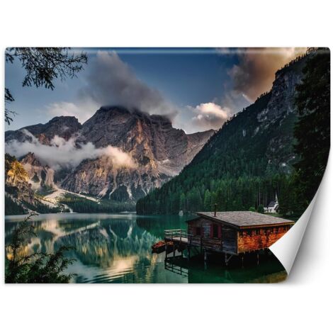 Fototapete, Hütte am Bergsee - 100x70