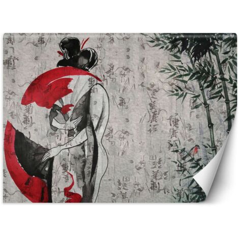 Fototapete, japanische Geisha mit Fächerabstraktion – 100x70