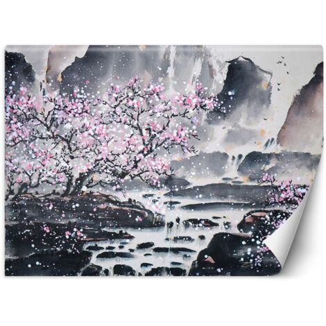 Fototapete, Kirschblüte auf dem Hintergrund der Berge – 100x70