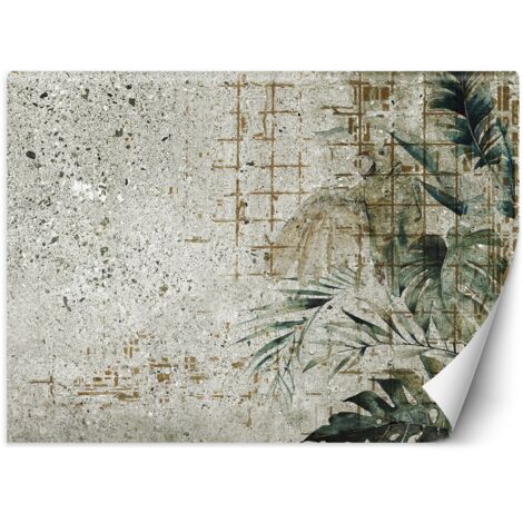 Fototapete, Papageienvogel aus Beton, Blätter, Monsteragrün – 200 x 140